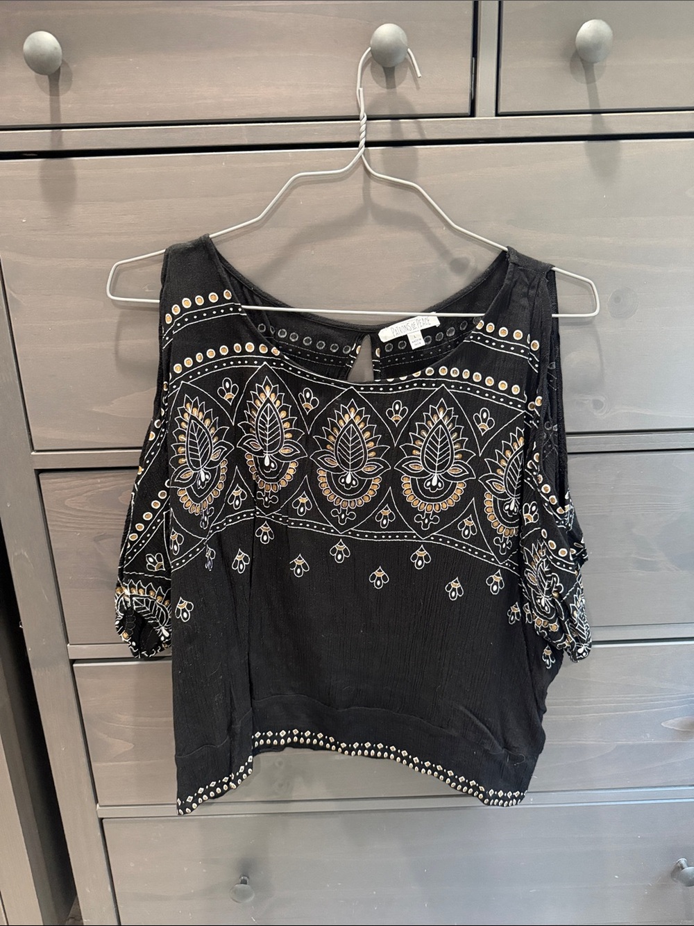 Patrons of Peace Black Cold-Shoulder Embroidered Crop Top
